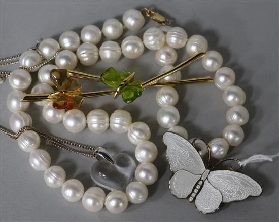 A David Andersen silver and enamel butterfly brooch, two Lalique items and a cultured pearl necklace.